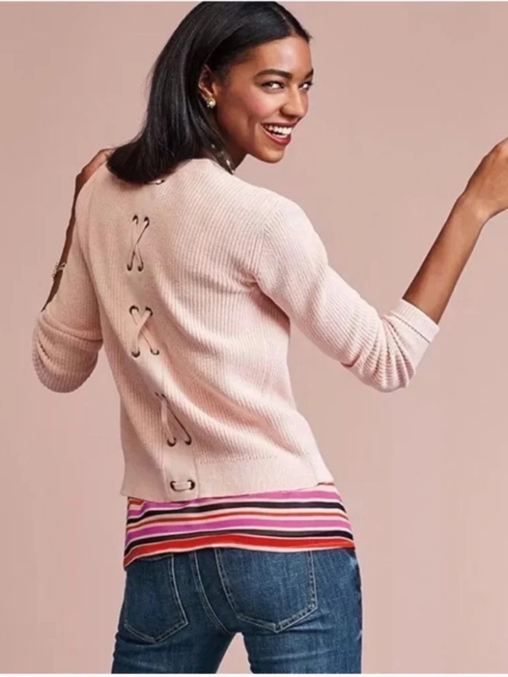 CAbi #3357 Eliza Ballet Slipper Pink Lace Up Back Ribbed Cardigan Sweater